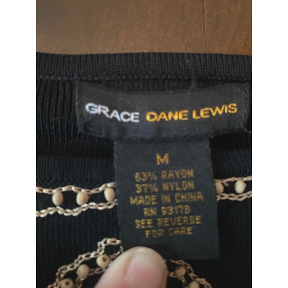 Grace Daniels Black Embellished Chain Pattern Elegant Top 3/4 Sleeve Size M EUC - Picture 3 of 8